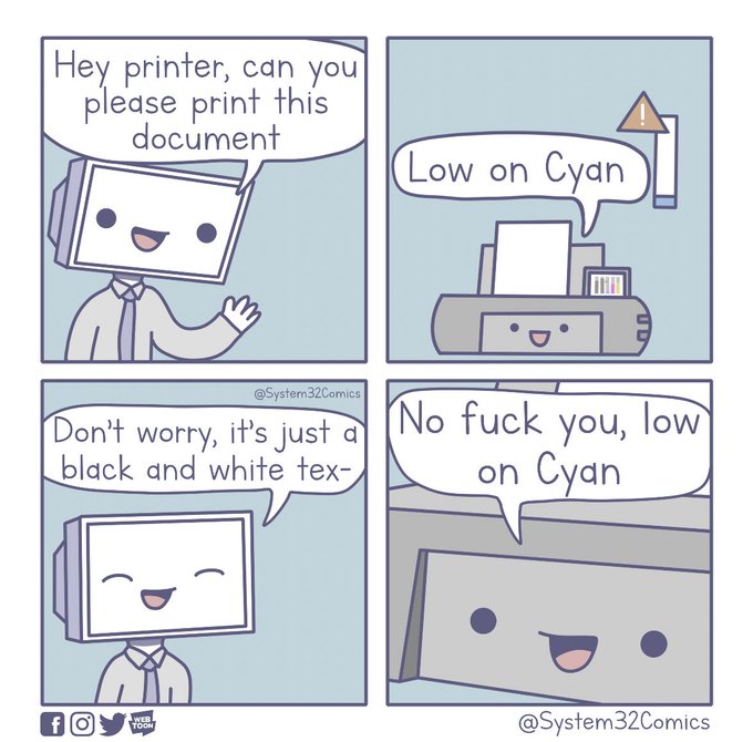 Comic panel converstation between a computer and printer